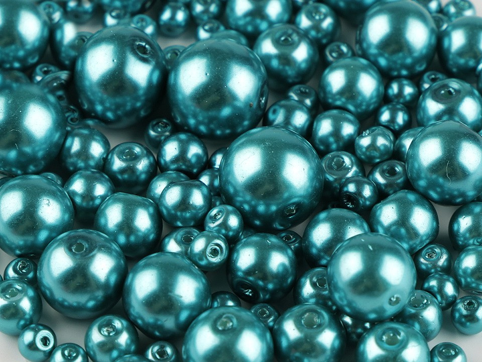Skleněné voskové perly mix velikostí Ø4-12 mm, barva 64A modrá tyrkys