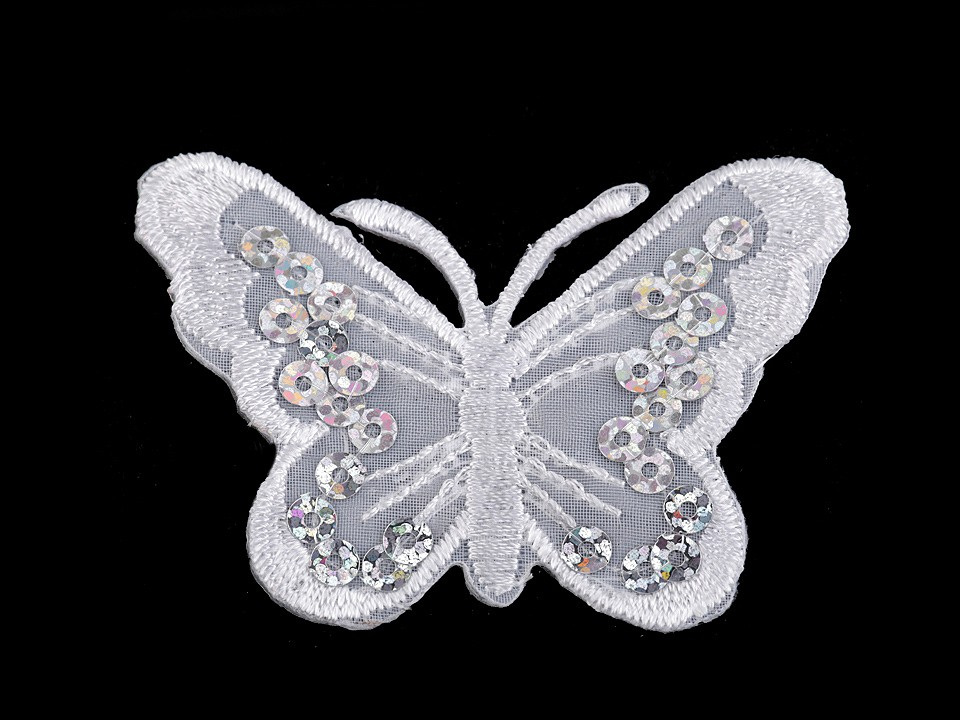 Nažehlovačka motýl s flitry, barva 1 bílá
