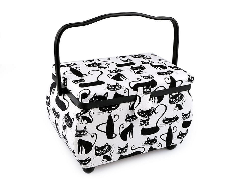 Kazeta / košík na šití čalouněný kočka, puntík, barva 1 bílo-černá