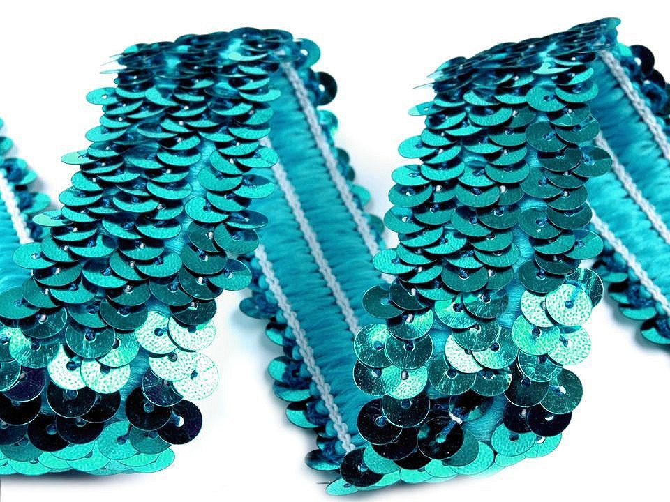Flitrový prýmek šíře 30 mm elastický, barva 9 (30 mm) tyrkysová