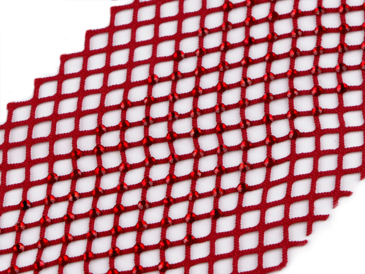 Pružná síťovina / prýmek / vsadka s broušenými kamínky šíře 75 mm, barva 3 červená