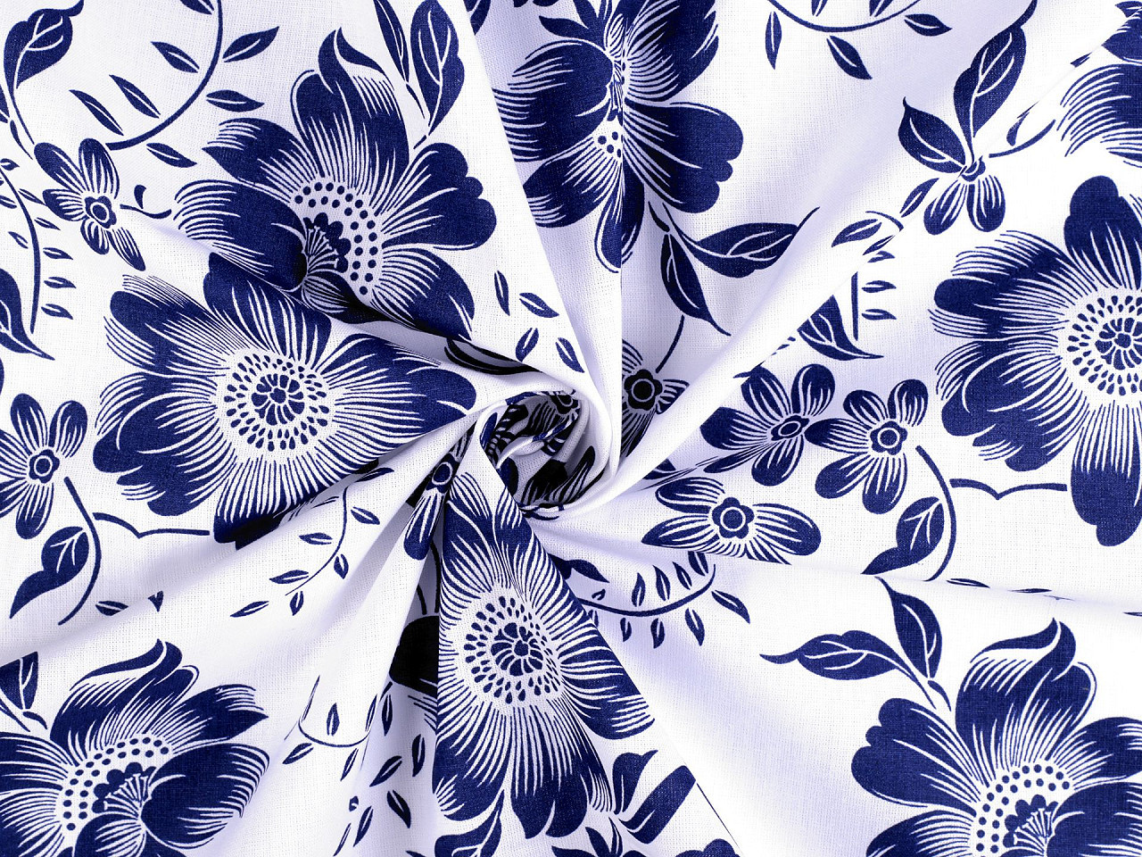 Bavlněná látka / plátno modrotisk květy, barva 1 (22220-2) bílá
