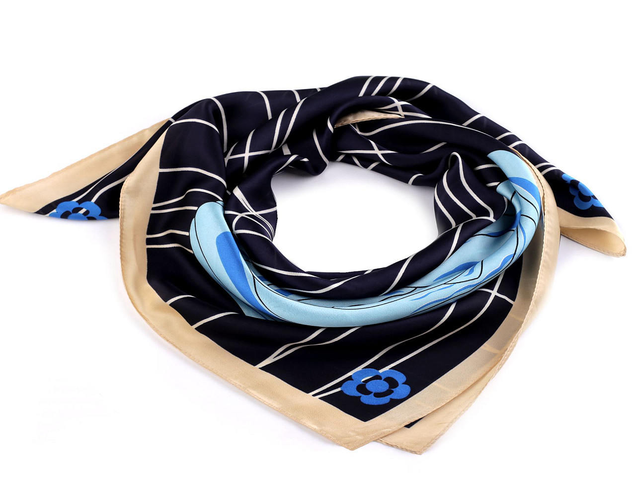 Saténový šátek 70x70 cm, barva 17 modrá tmavá béžová světlá