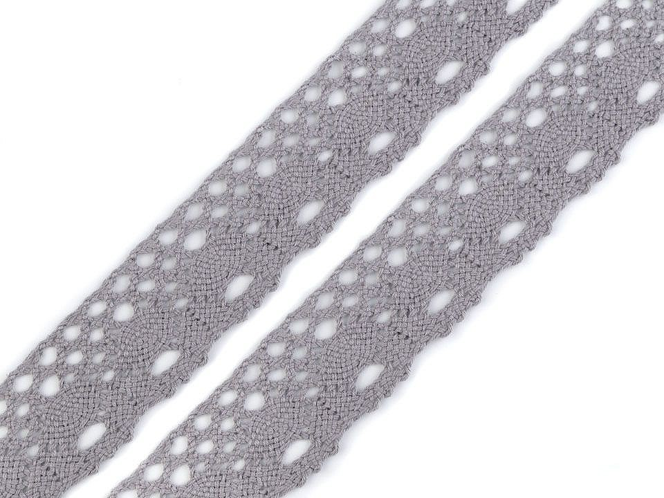 Bavlněná krajka paličkovaná šíře 35 mm, barva 5 šedá