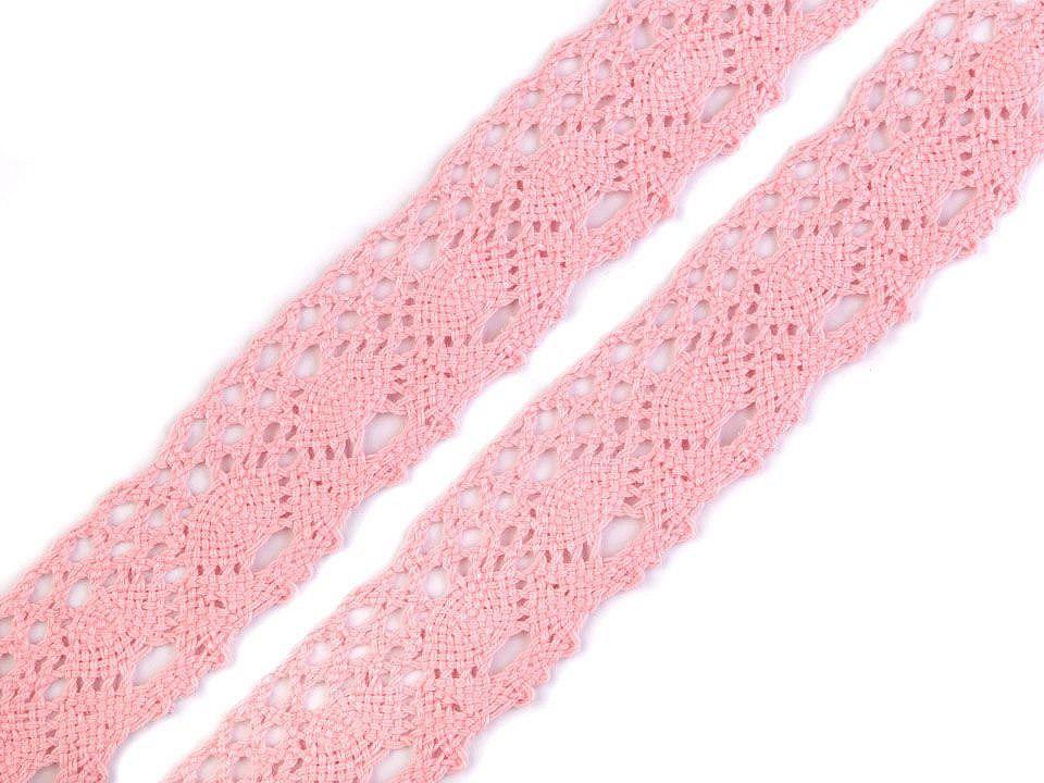 Bavlněná krajka paličkovaná šíře 35 mm, barva 3 růžová