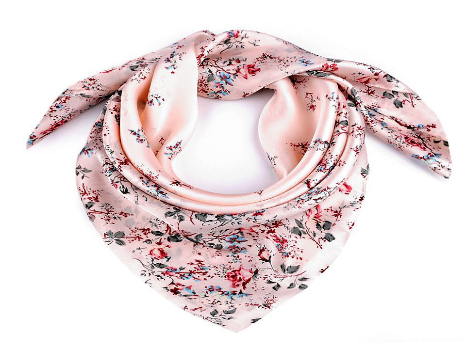 Saténový šátek květy růže 70x70 cm, barva 2 pudrová