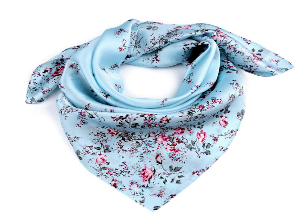 Saténový šátek květy růže 70x70 cm, barva 4 modrá pomněnková