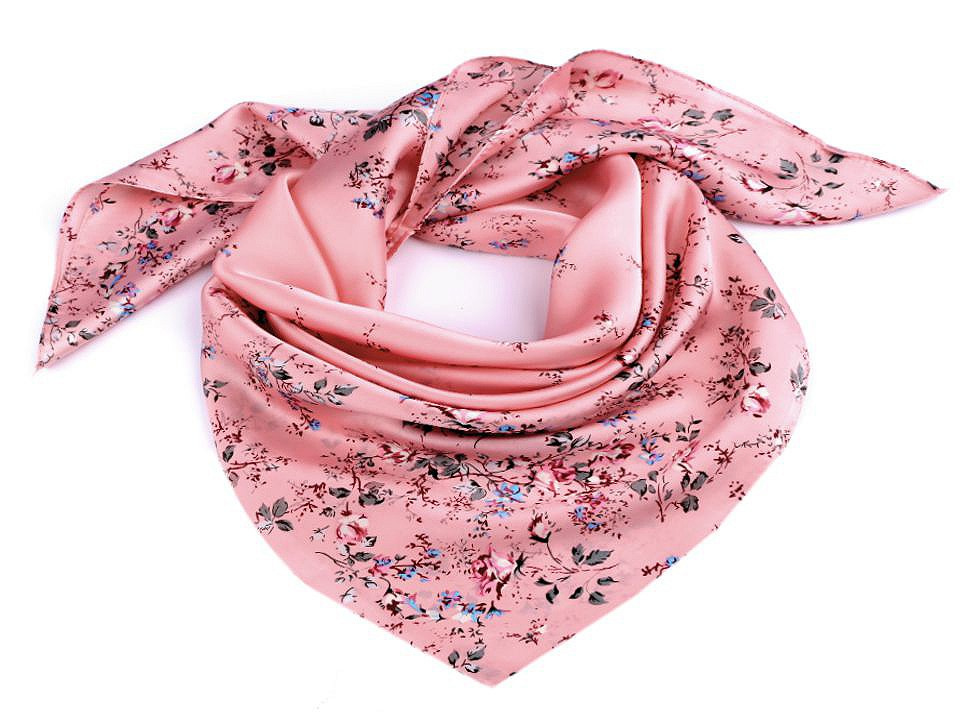 Saténový šátek květy růže 70x70 cm, barva 3 růžová střední
