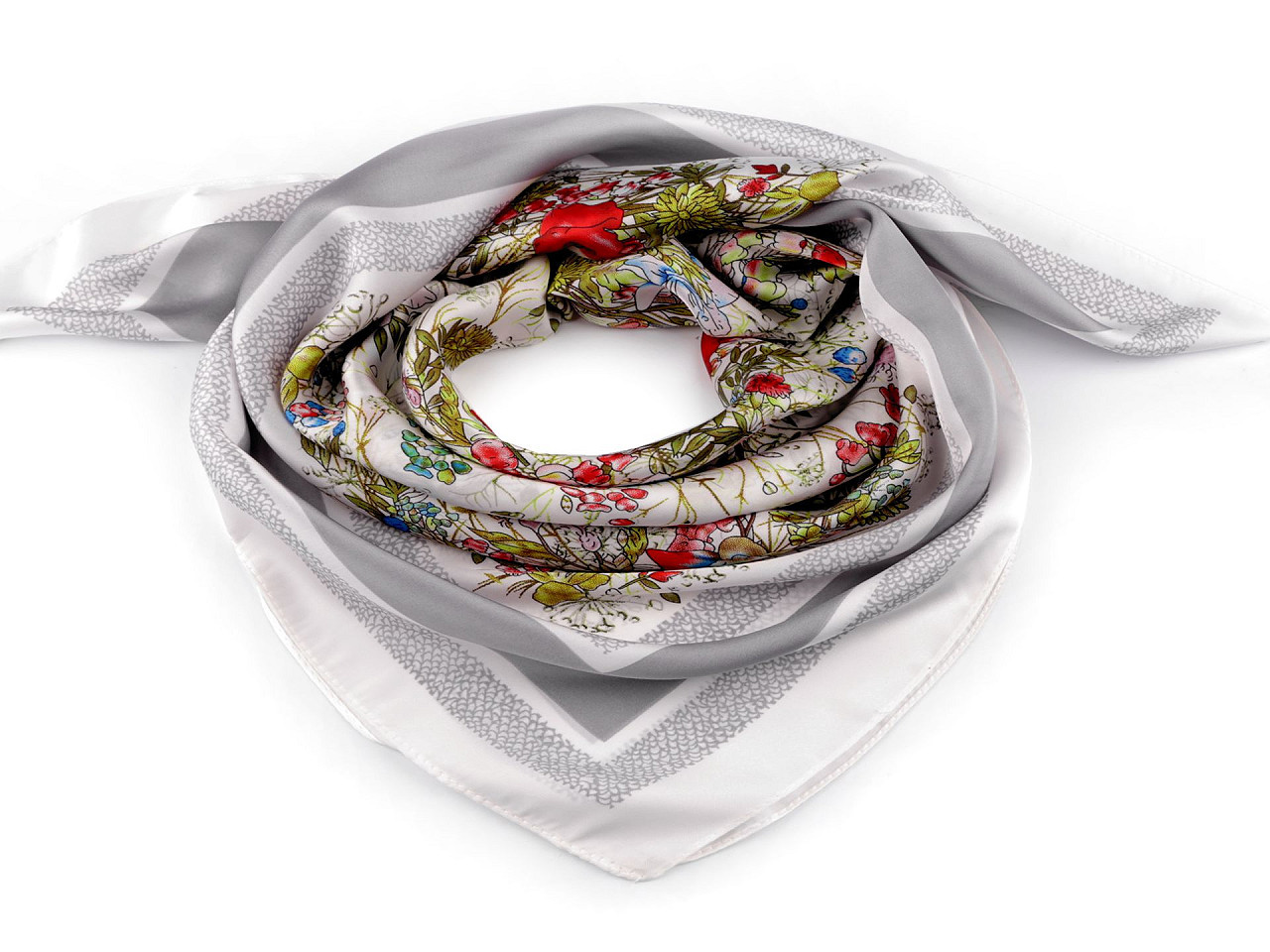 Saténový šátek luční květy 70x70 cm, barva 5 šedá světlá
