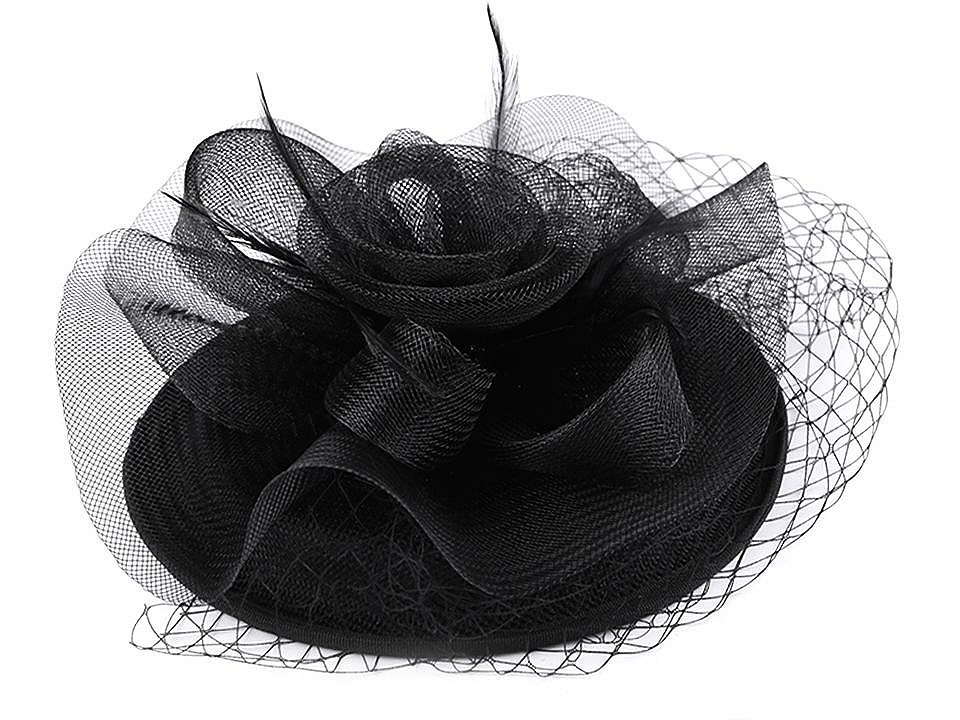 Fascinátor / klobouček květ s peřím a francouzským závojem, barva 2 černá
