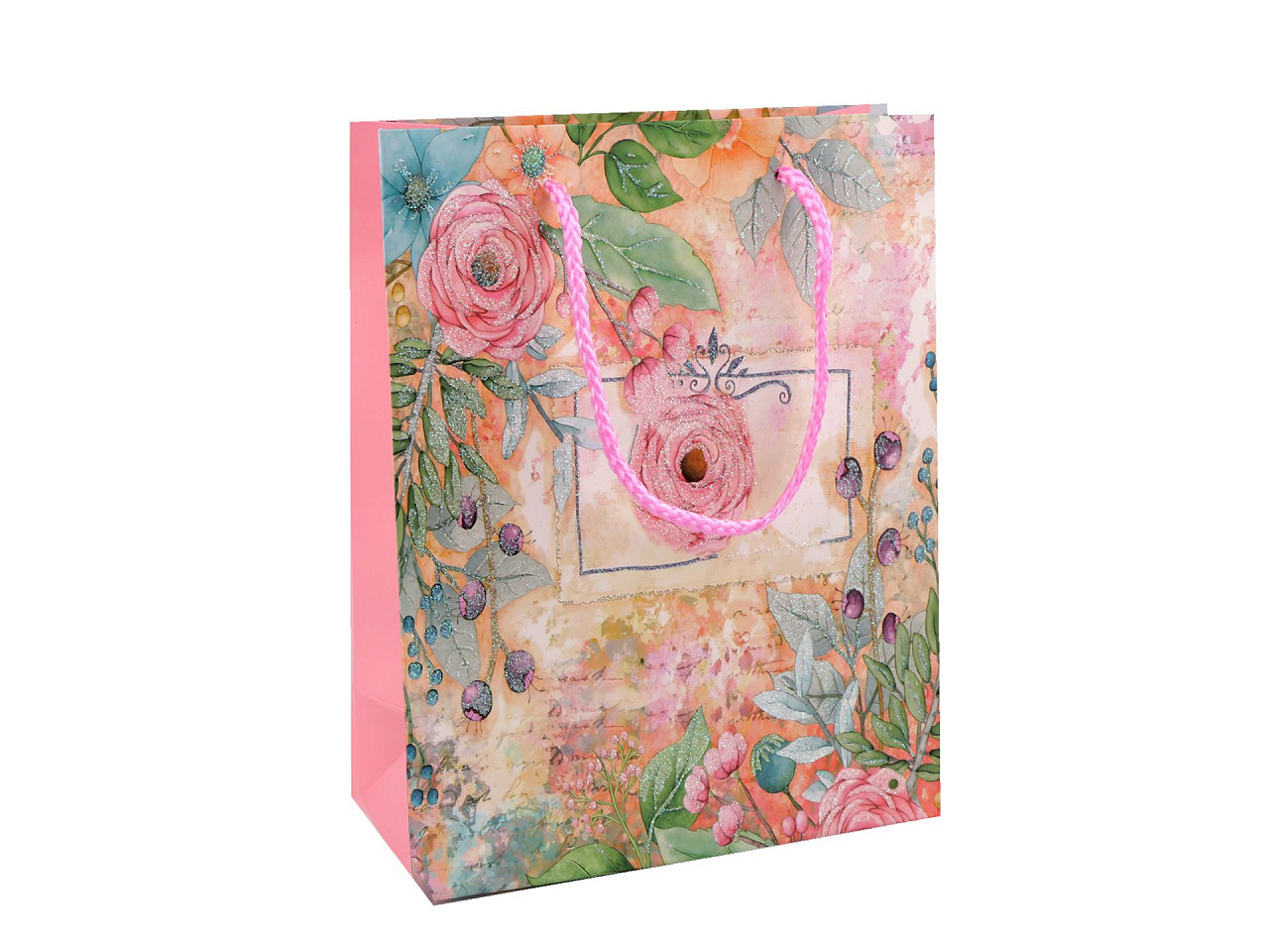 Dárková taška s glitry květy, barva 1 růžová sv.