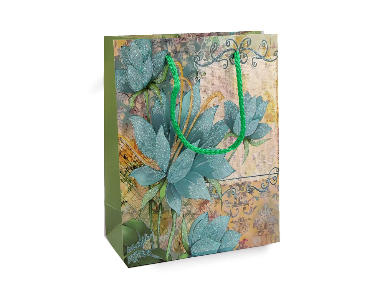 Dárková taška s glitry květy, barva 3 zelená šalvěj světlá