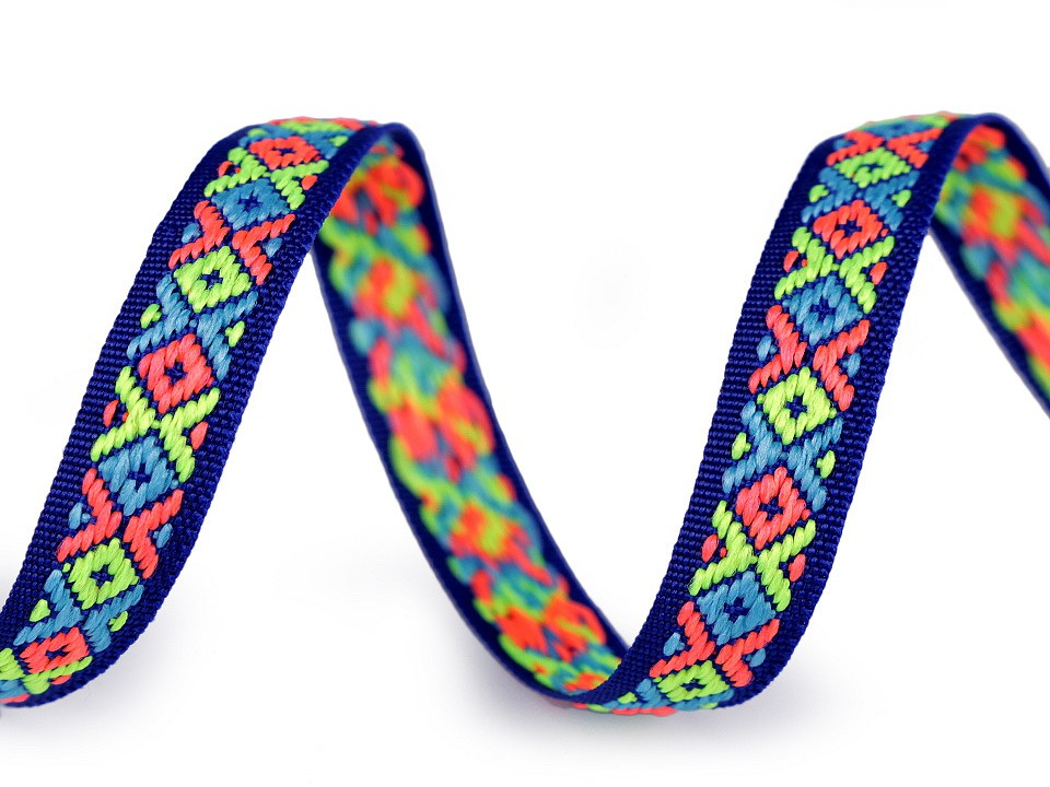 Prýmek / vzorovka indiánský motiv šíře 10 mm neon, barva 3 modrá kobaltová