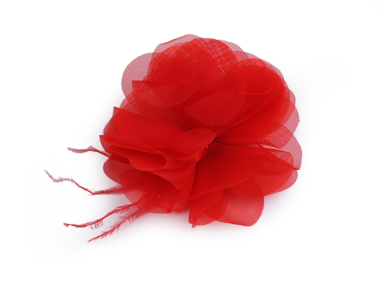 Šifónový květ s peřím k našití a nalepení Ø8-9 cm, barva 2 červená