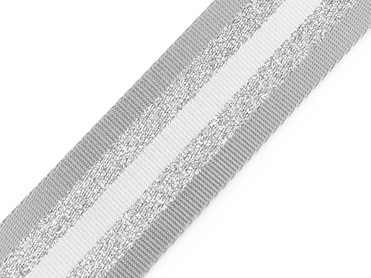 Hladký oboustranný popruh s lurexem šíře 50 mm, barva 1 šedá světlá stříbrná
