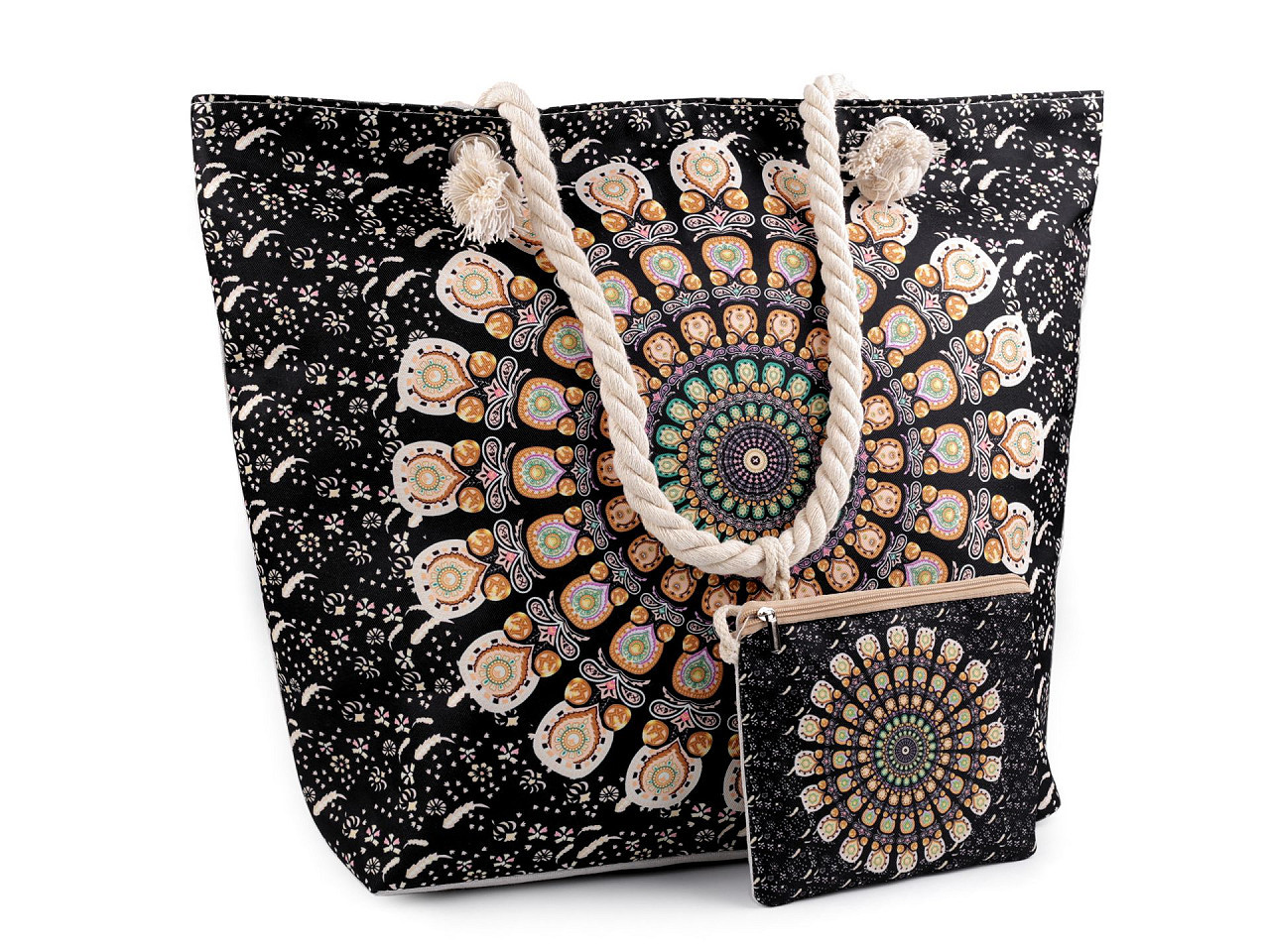 Letní / plážová taška mandala, paisley s taštičkou 39x50 cm, barva 8 černá hořčicová