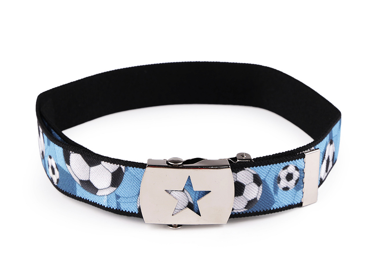 Dětský pásek s kovovou sponou šíře 2,6 cm, barva 15 modrá azuro Fotbal