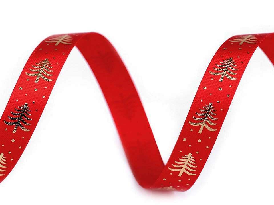 Saténová stuha stromeček šíře 10 mm vánoční, barva 3 červená zlatá
