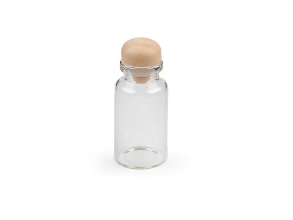 Skleněná lahvička s dřevěnou zátkou